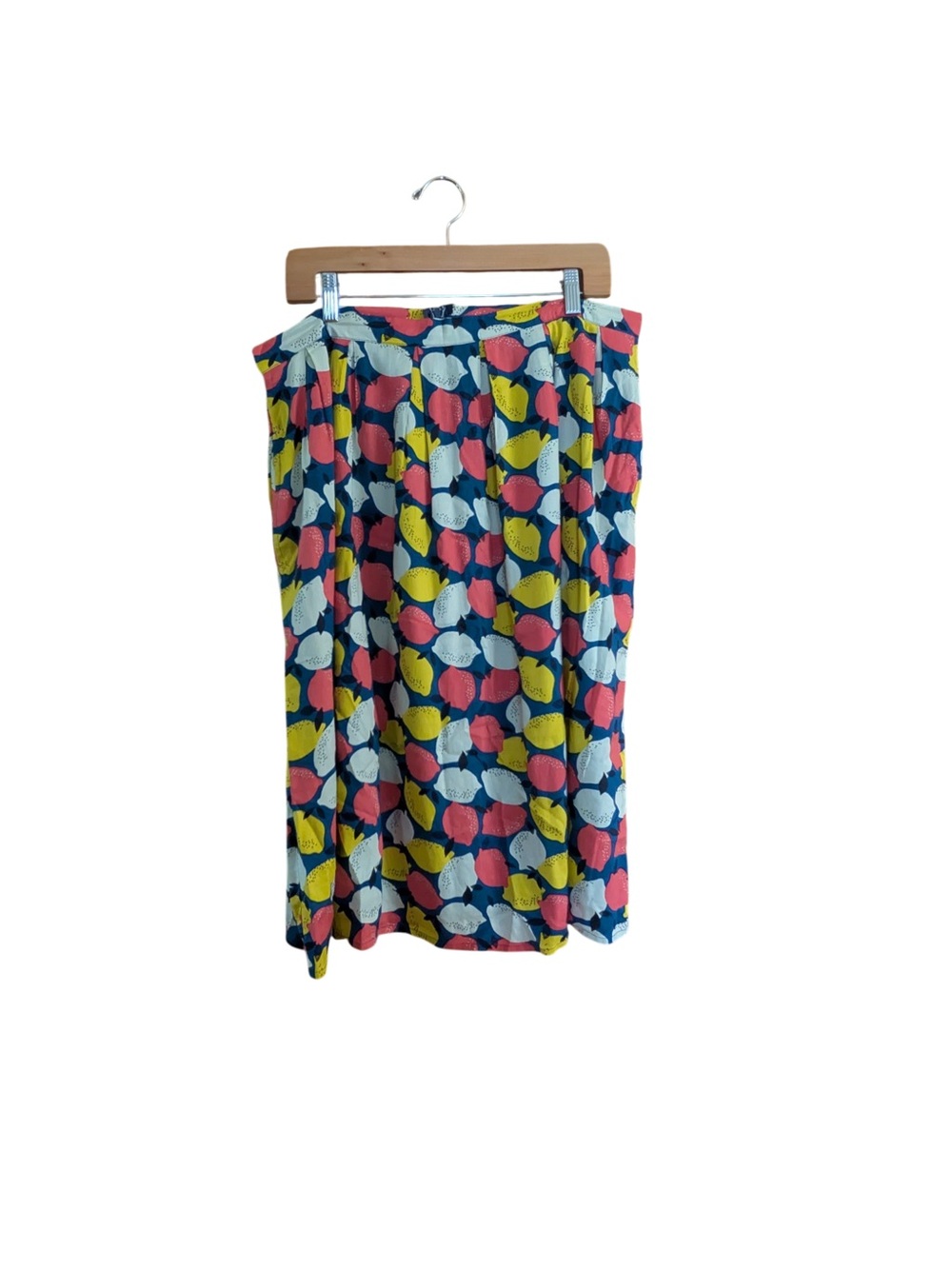 Fever London Navy Midi Skirt with Coral, Yellow and White Lemon Print